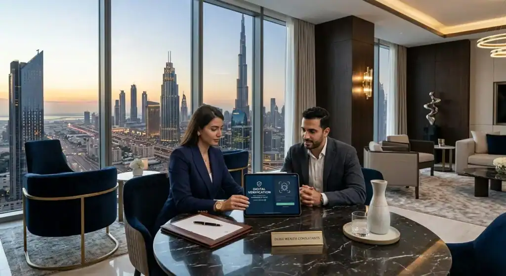 Interior de apartamento de lujo moderno en Dubai con mobiliario de alta gama y vista al perfil urbano.
