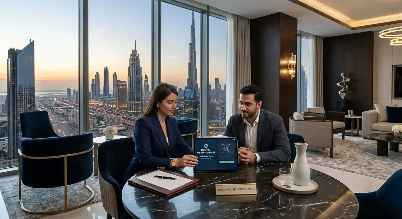 Interior de apartamento de lujo moderno en Dubai con mobiliario de alta gama y vista al perfil urbano.
