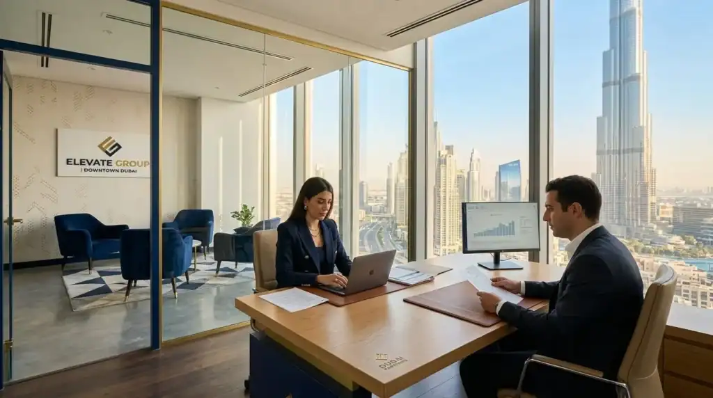 Interior de oficina corporativa moderna con vistas al Burj Khalifa en Dubái, con decoración en tonos dorados y azul marino.