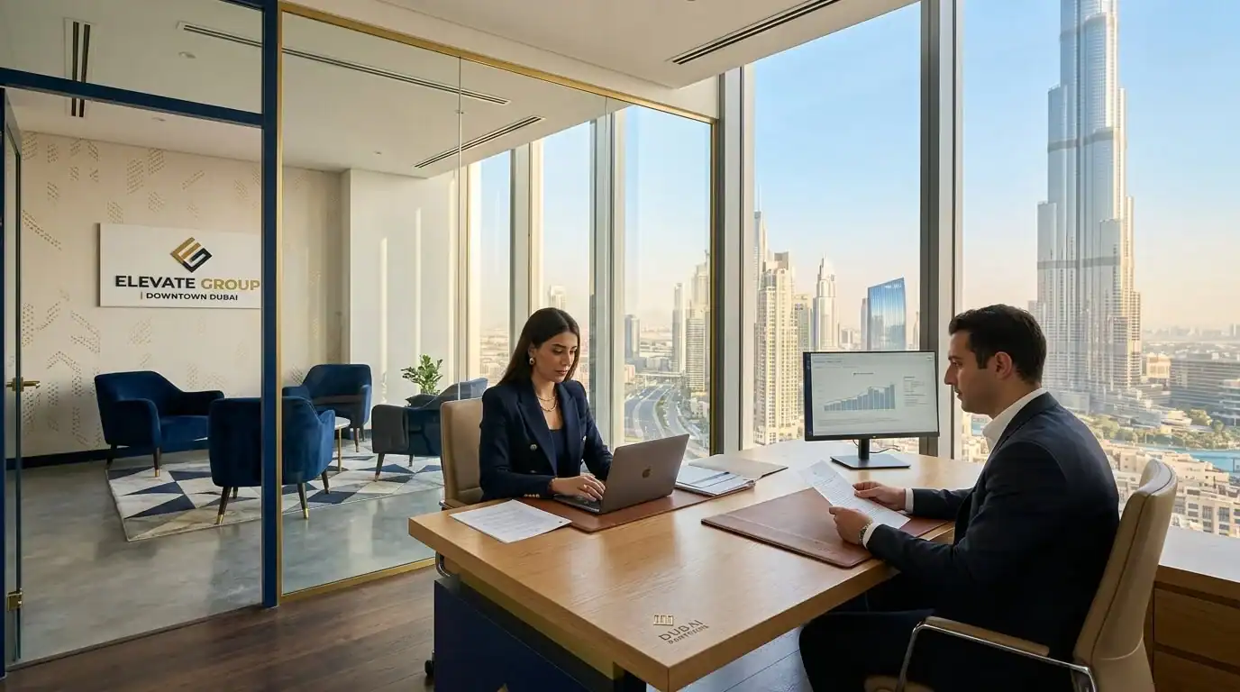 Interior de oficina corporativa moderna con vistas al Burj Khalifa en Dubái, con decoración en tonos dorados y azul marino.