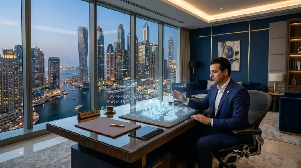 Interior de una oficina corporativa de alta gama en Dubai Marina, con vistas al perfil urbano, interfaz de IA holográfica en un escritorio, y colores corporativos azul profundo y dorado sutil. Fotografía ultra-realista.