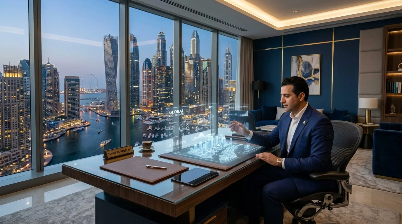 Interior de una oficina corporativa de alta gama en Dubai Marina, con vistas al perfil urbano, interfaz de IA holográfica en un escritorio, y colores corporativos azul profundo y dorado sutil. Fotografía ultra-realista.
