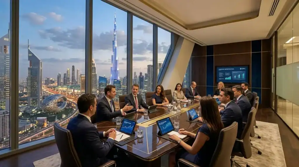 Sala de juntas ejecutiva moderna con vistas al Burj Khalifa, Dubái.