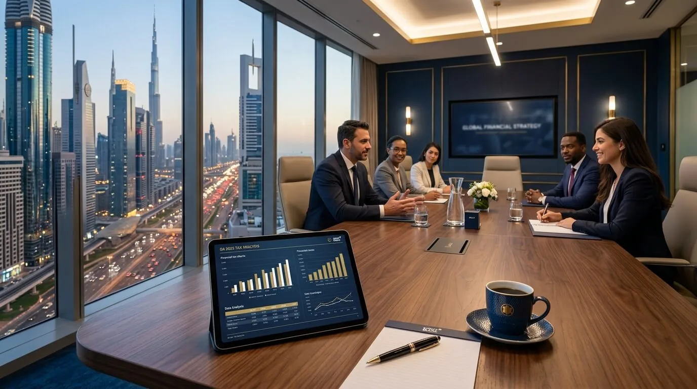 Fotografía panorámica hiperrealista de una sala de juntas corporativa moderna en Dubái, vista 16:9. La sala tiene una mesa de madera de alta gama con una tablet que muestra gráficos financieros, un bolígrafo de lujo y una taza de café. El diseño corporativo utiliza colores azul oscuro y dorado, con iluminación profesional y poca profundidad de campo, y ofrece vistas de los rascacielos de Sheikh Zayed Road.