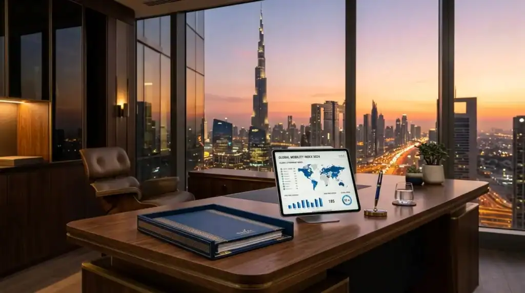 Escritorio ejecutivo moderno de alta gama en una oficina de Dubái, con un organizador de documentos de cuero azul profundo y dorado junto a una tableta mostrando índices de movilidad global. El horizonte de Burj Khalifa es visible a través de la ventana del suelo al techo al atardecer.