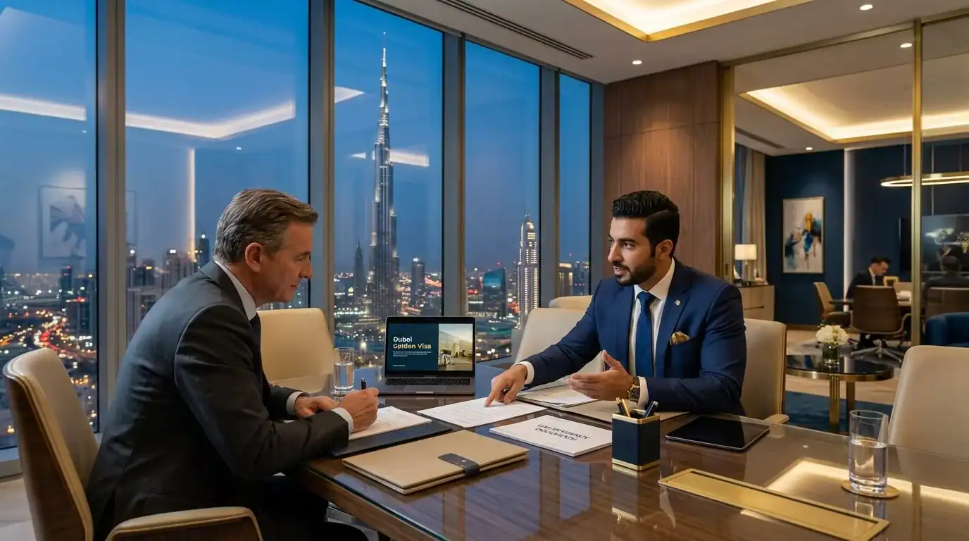 Consultor profesional explicando documentos de residencia a inversor internacional en una oficina corporativa moderna y elegante en Dubai, con el Burj Khalifa de fondo.