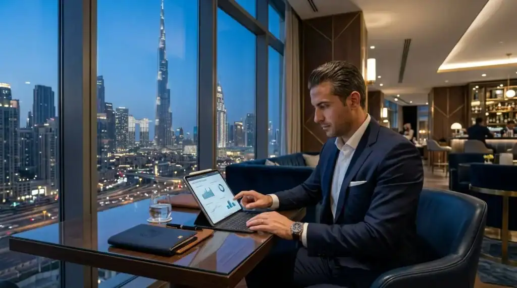Un inversor profesional revisando documentos en una tablet en un lounge ejecutivo moderno en Dubai, con el Burj Khalifa visible al fondo. Se aprecian detalles en azul oscuro y dorado, y una iluminación cinematográfica.