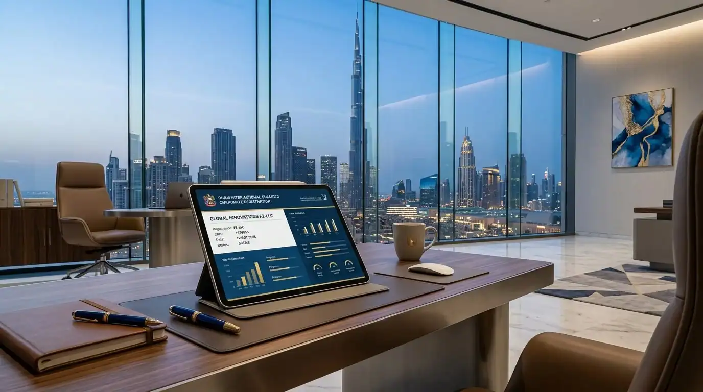 Escritorio moderno de alta gama en una oficina de lujo en Dubai, con una tablet mostrando documentos corporativos y el horizonte de Dubai con el Burj Khalifa visible a través de ventanales.