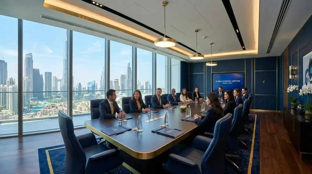 Fotografía profesional panorámica de una moderna sala de reuniones de alta gama en Dubai, con vistas al Burj Khalifa.