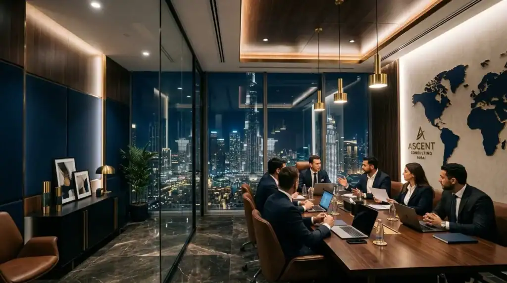 Interior de una oficina corporativa de alta gama en el centro de Dubái, con vista al Burj Khalifa, diseño elegante, acentos azul oscuro y dorado, iluminación cinematográfica.