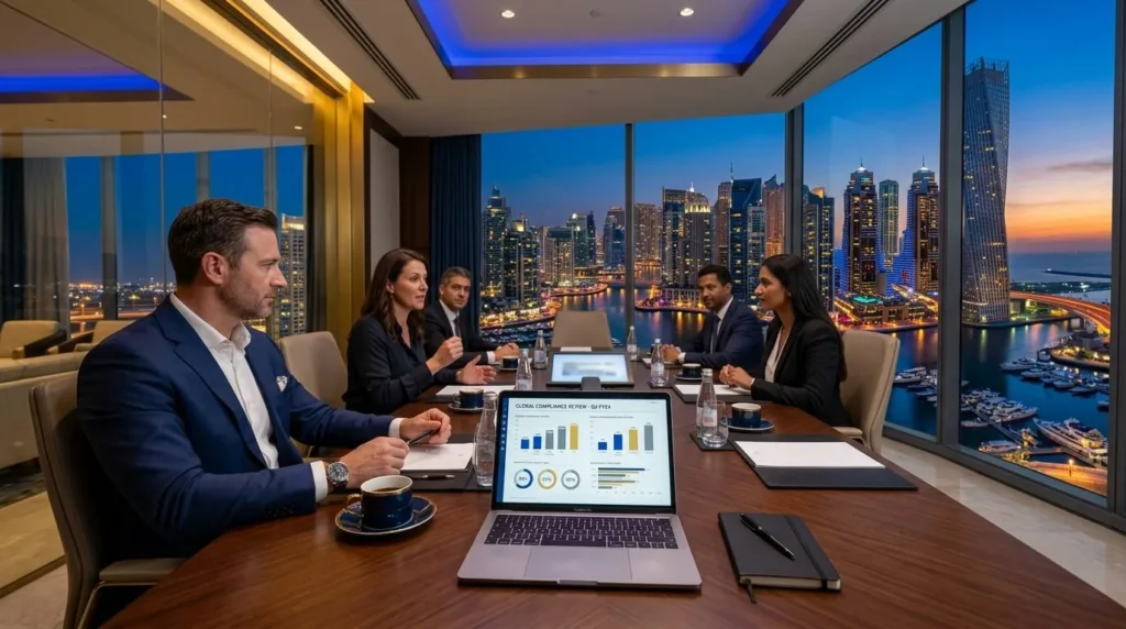 Fotografía profesional de una moderna sala de juntas con vistas al horizonte del puerto deportivo de Dubai al anochecer, con un portátil mostrando gráficos de cumplimiento financiero y una taza de café sobre la mesa. Iluminación azul profundo y dorada.