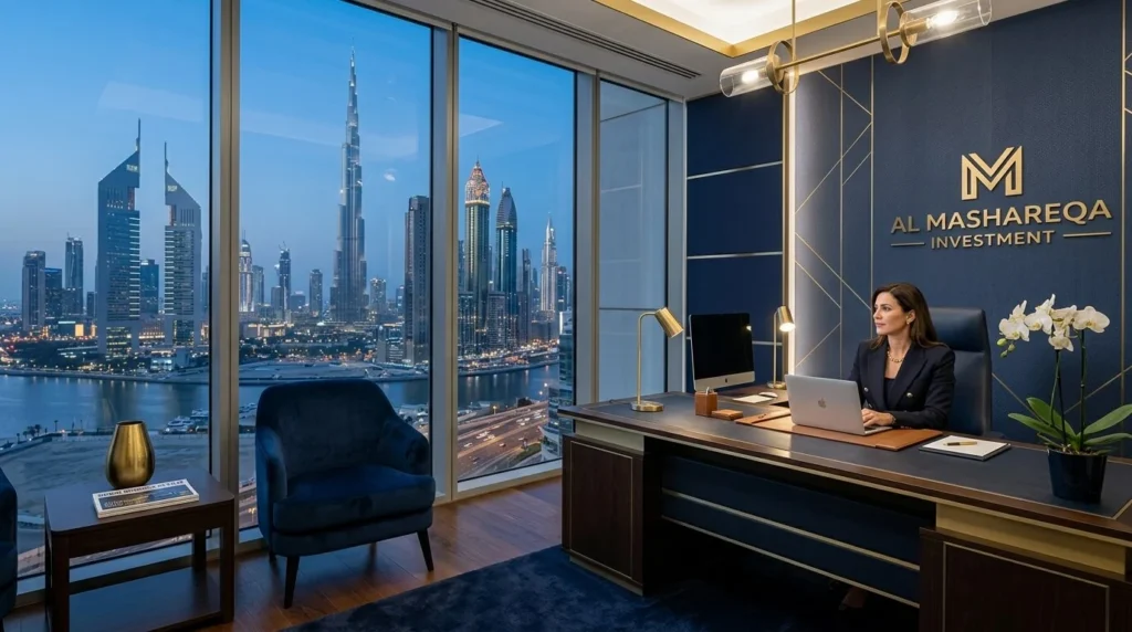 Oficina moderna de alta gama con una gran ventana de vidrio que muestra el horizonte de Dubái, decorada con líneas limpias, azul marino y toques dorados.
