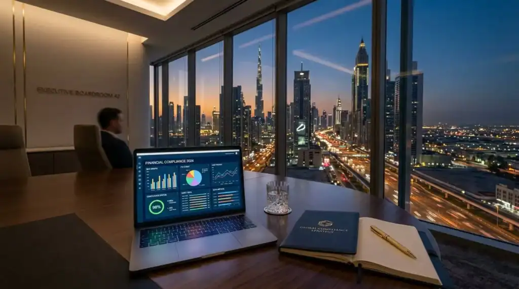 Vista panorámica de una sala de juntas corporativa de lujo en Dubai, con un laptop mostrando gráficos financieros y un skyline de la Sheikh Zayed Road al anochecer.