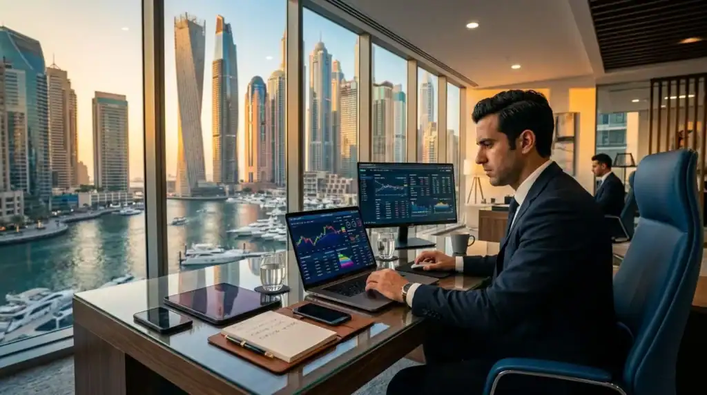 Entorno corporativo profesional en una oficina financiera moderna en Dubai Marina durante la hora dorada, con una mesa elegante y un portátil mostrando gráficos del mercado de divisas.