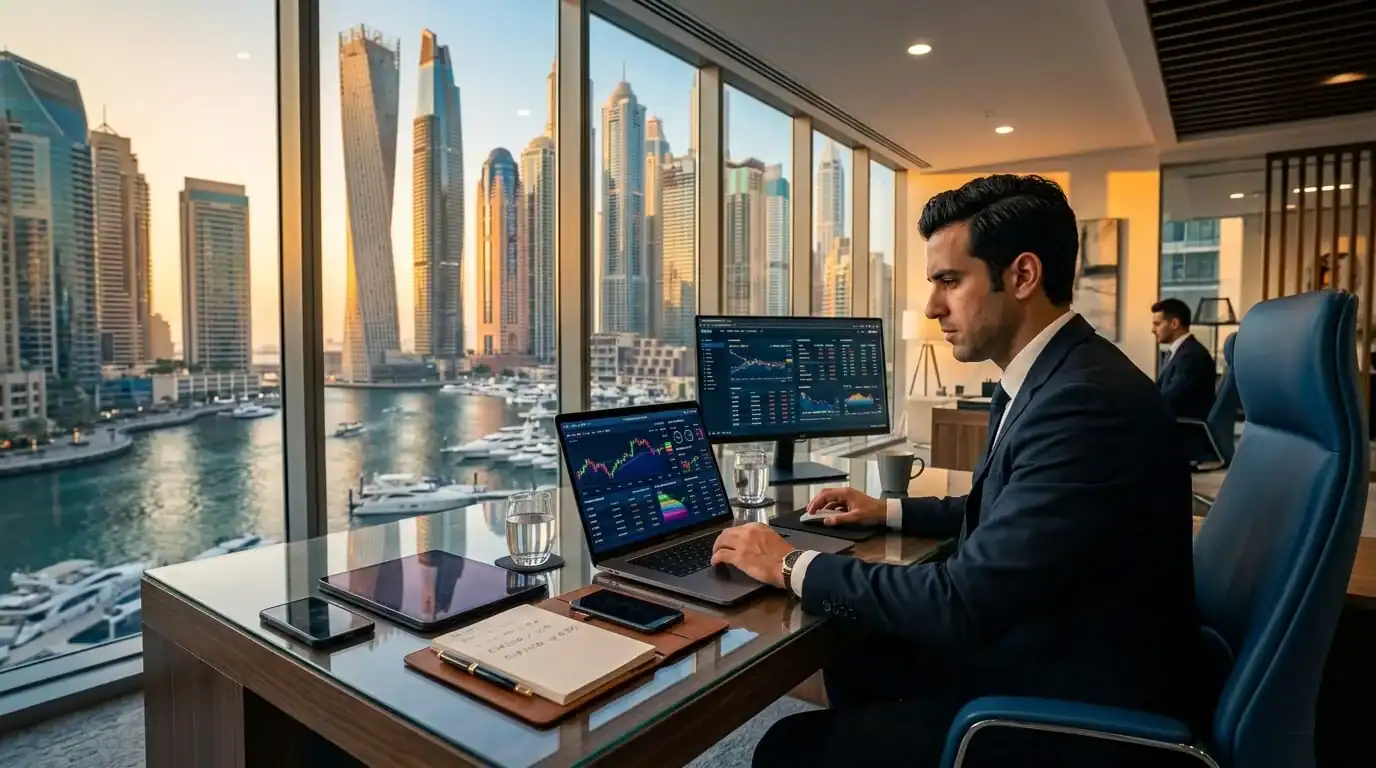 Entorno corporativo profesional en una oficina financiera moderna en Dubai Marina durante la hora dorada, con una mesa elegante y un portátil mostrando gráficos del mercado de divisas.