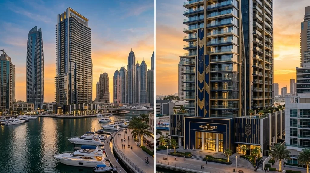 Edificio residencial moderno de gran altura en Dubai Marina, con acentos azules profundos y dorados, durante la hora dorada, fotografía arquitectónica nítida.