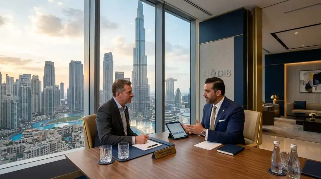 Asesor financiero discutiendo con cliente en oficina moderna con vista al Burj Khalifa