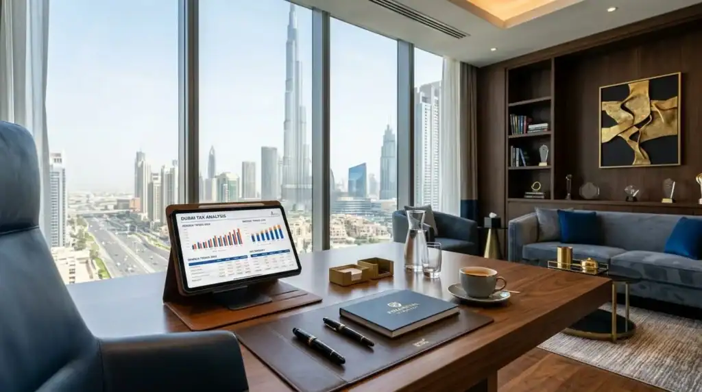 Oficina ejecutiva moderna con vistas al Burj Khalifa, escritorio de madera premium con iPad, papelería de lujo y taza de café. Predominan los colores azul profundo, gris pizarra y toques dorados. Iluminación cinematográfica corporativa. Relación de aspecto 16:9. Fotorrealista.