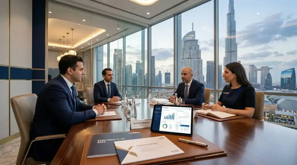 Interior de una moderna sala de juntas corporativa en Dubai, con paredes de cristal que revelan el Burj Khalifa. Sobre una mesa de madera pulida se encuentran documentos, una tablet con gráficos financieros y un bolígrafo elegante. La escena está bañada por luz solar brillante natural, con iluminación cinematográfica y toques de azul marino y dorado.