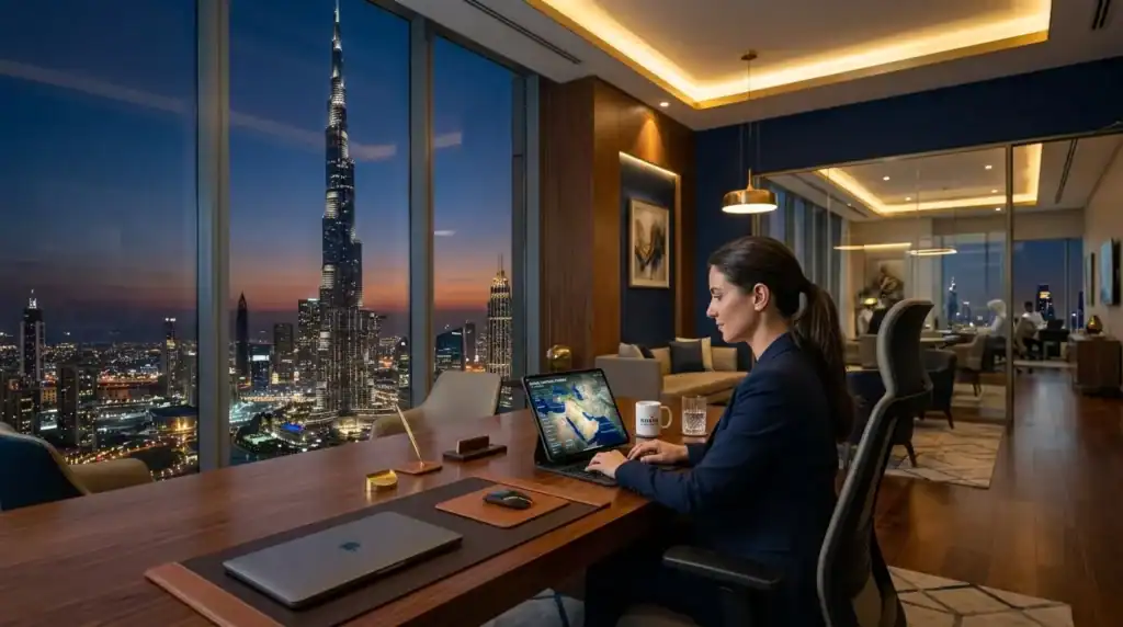 Vista interior de una oficina corporativa moderna en Dubai al anochecer, con el Burj Khalifa iluminado en el exterior. En un escritorio de madera oscura, una tablet muestra un mapa satelital brillante. La decoración es profesional y elegante, con acentos de luz azul marino y dorado.