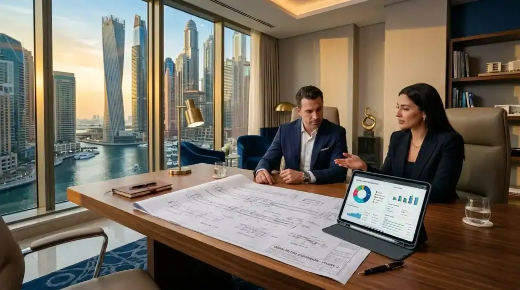 Escritorio de madera con planos y tablet de finanzas en una oficina de lujo en Dubai.
