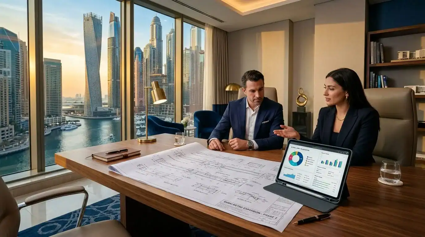 Escritorio de madera con planos y tablet de finanzas en una oficina de lujo en Dubai.