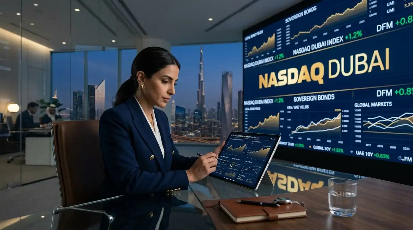Un moderno inversor analizando mercados de bonos soberanos locales en una tableta elegante, con un sofisticado fondo corporativo de Nasdaq Dubai y gráficos financieros de alta gama en azul oscuro y dorado.