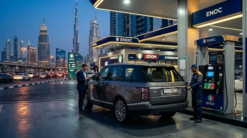 Fotografía editorial ultra realista de un SUV ejecutivo de lujo siendo repostado en una moderna y exclusiva estación de servicio ENOC en el centro de Dubai, al atardecer, con iluminación LED azul marino y dorada.