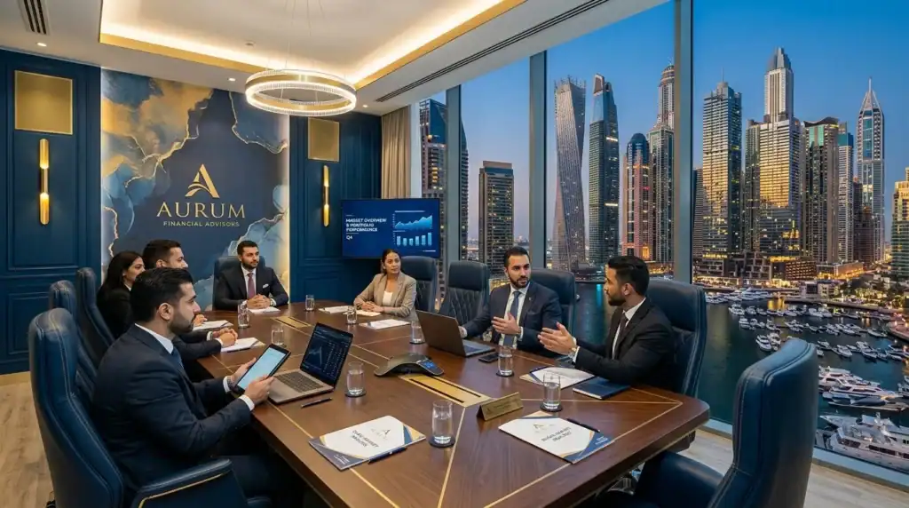 Sala de juntas de lujo moderna con vistas al horizonte de Dubai Marina al atardecer, acentos azul profundo y dorado, ambiente profesional de asesoría financiera, detalles nítidos, fotografía realista, relación de aspecto 16:9.