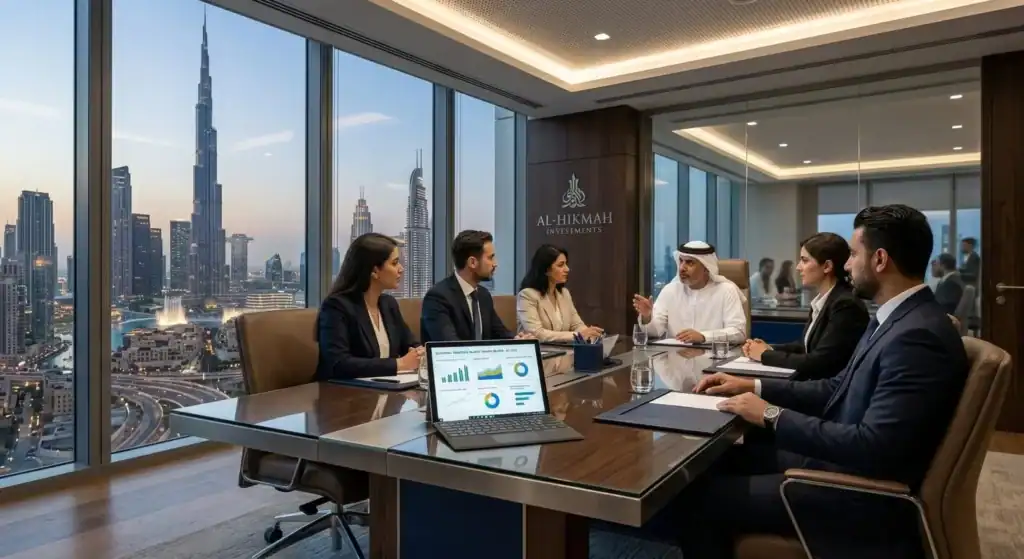 Reunión de negocios de alto nivel en una oficina moderna con vistas al Burj Khalifa en Dubái. Una tablet muestra gráficos financieros y conceptos de finanzas islámicas.