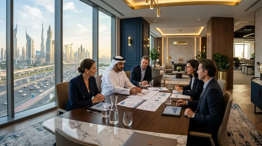 Fotografía panorámica ultra-realista de ejecutivos de alto nivel discutiendo documentos en una oficina moderna y elegante en Dubai.