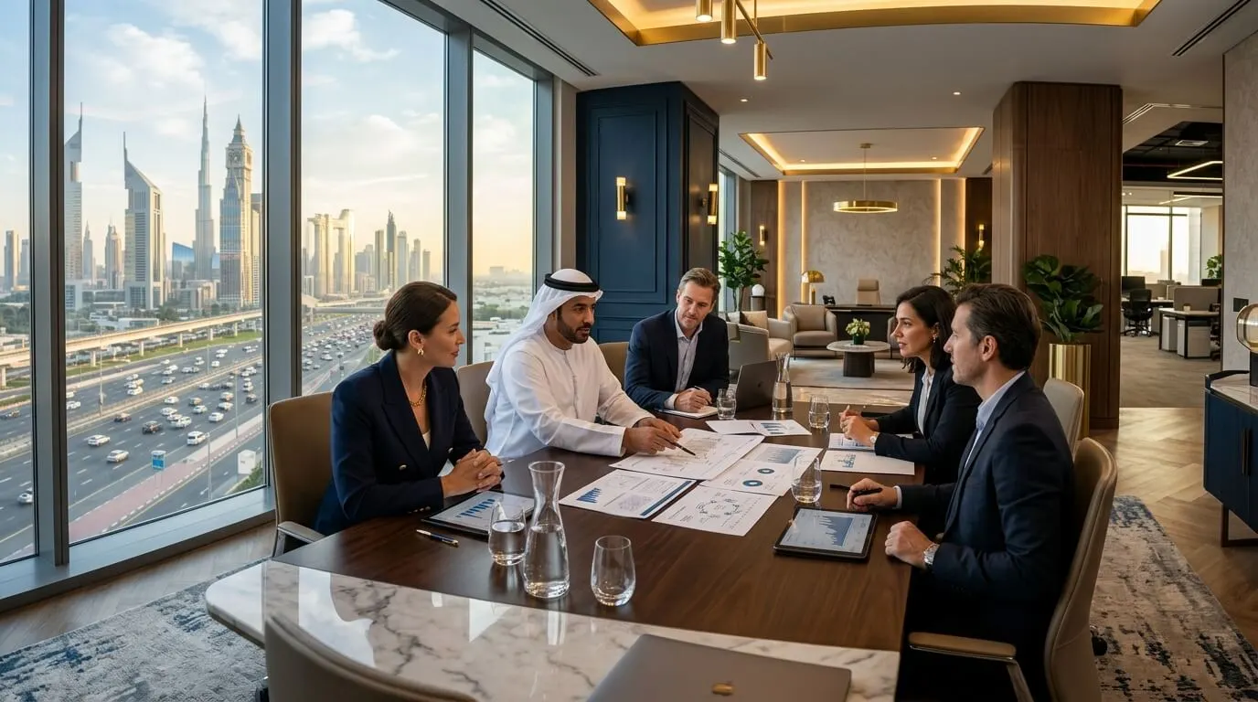 Fotografía panorámica ultra-realista de ejecutivos de alto nivel discutiendo documentos en una oficina moderna y elegante en Dubai.