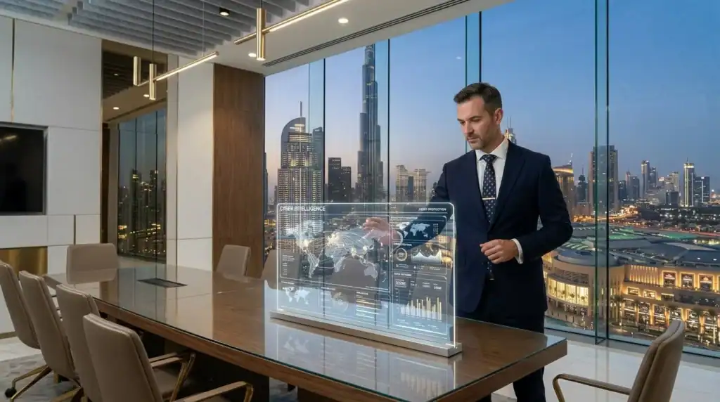 Fotografía ultra-realista de una sala de juntas ejecutiva moderna en Downtown Dubai, con un consultor analizando datos en una pantalla translúcida.
