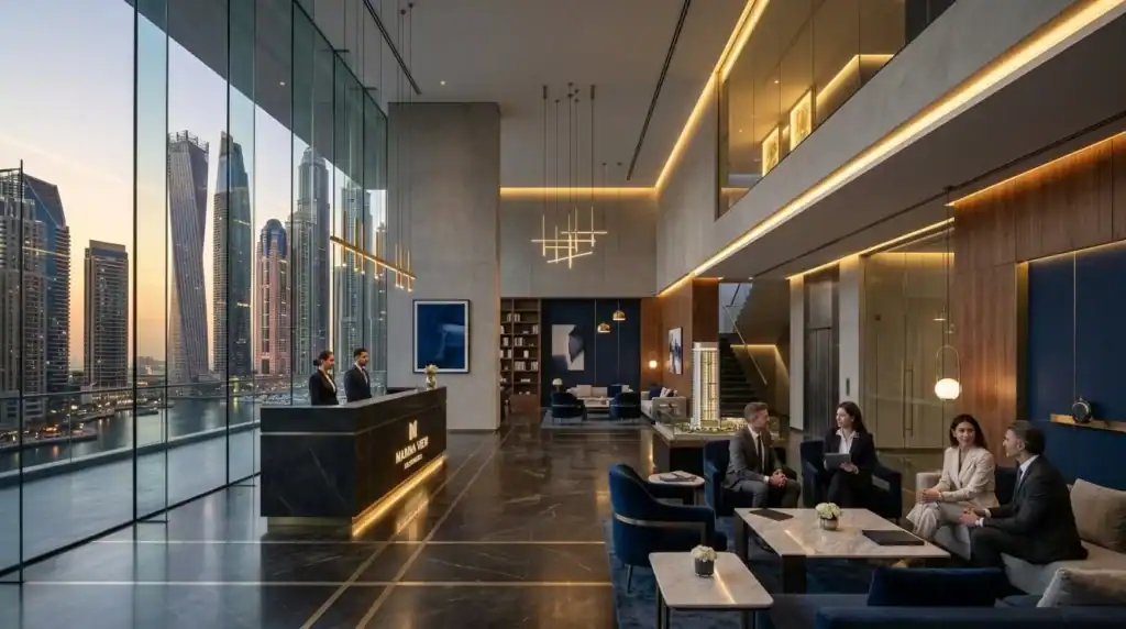 Interior de edificio residencial de lujo en Dubai, fotografía arquitectónica corporativa, estética moderna, iluminación azul oscuro y dorada, líneas limpias, techos altos, grandes ventanales con vistas al horizonte de Dubai.